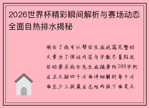 2026世界杯精彩瞬间解析与赛场动态全面自热排水揭秘